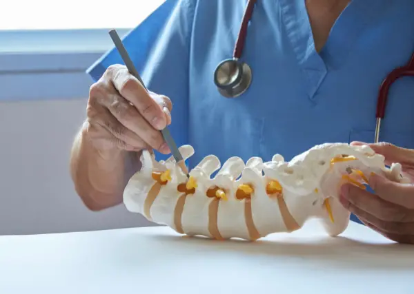 Neurosurgeon pointing at a lumbar facet joint