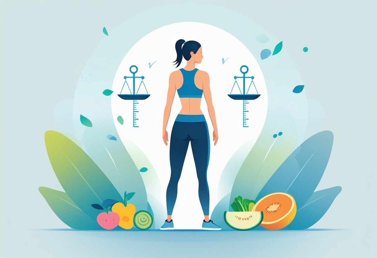 A healthy person standing with a straight posture, surrounded by symbols of weight loss and back health like scales, measuring tape, and healthy foods.