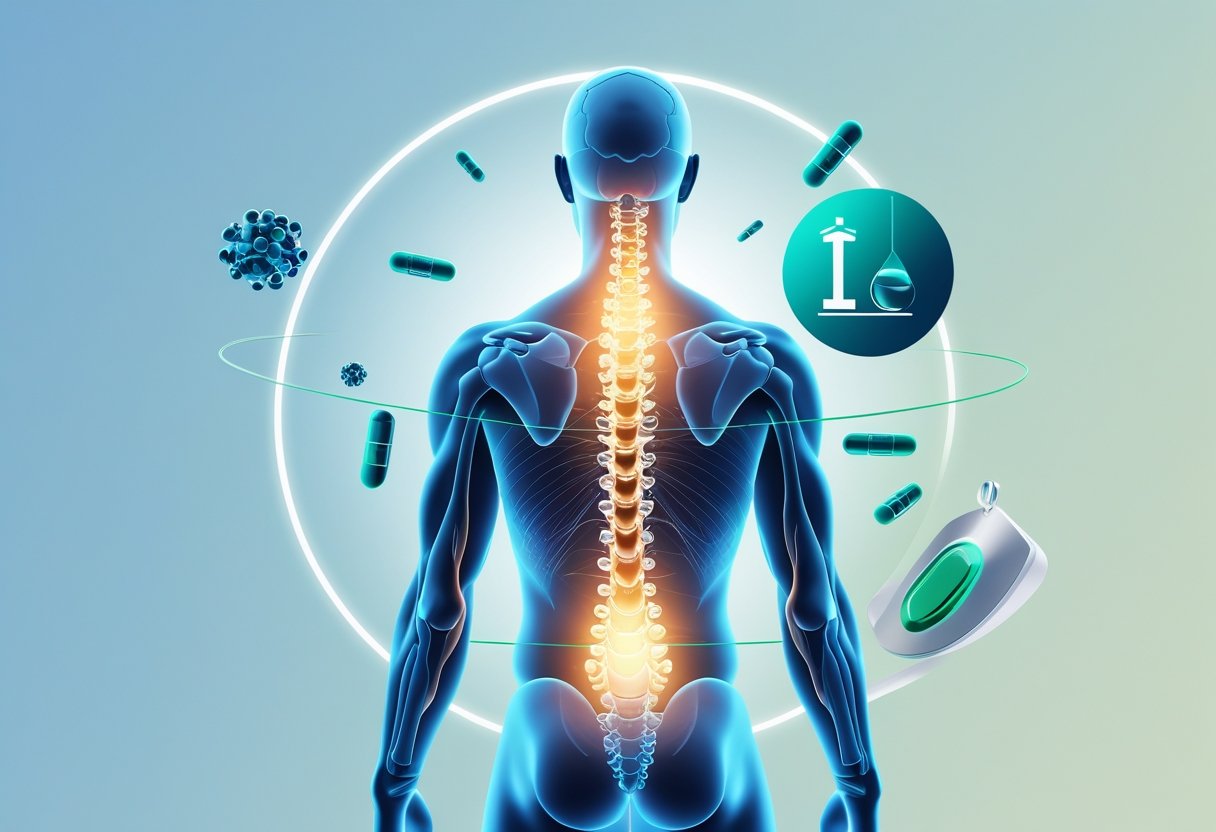 A medical illustration showing a healthy human back with a highlighted spine, surrounded by symbols representing therapy and weight loss.
