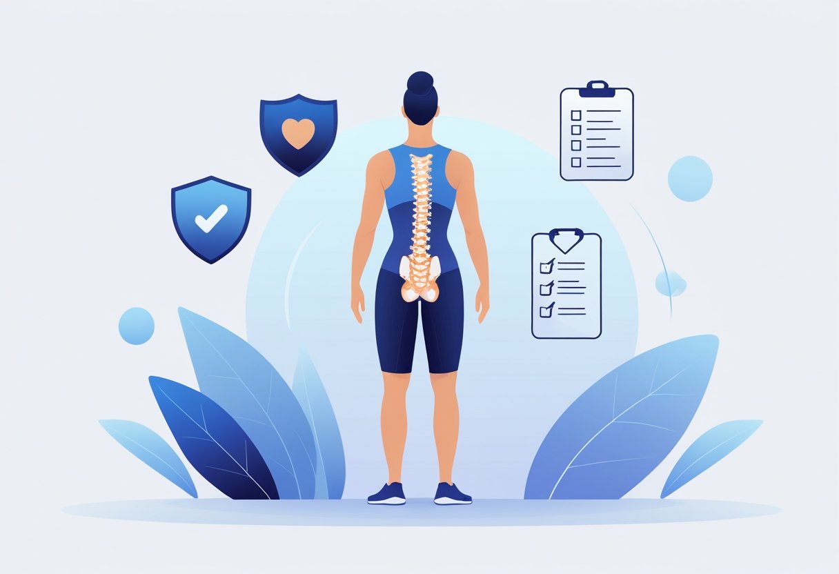 A healthy person standing with a straight spine, surrounded by icons representing safety, health, and monitoring.
