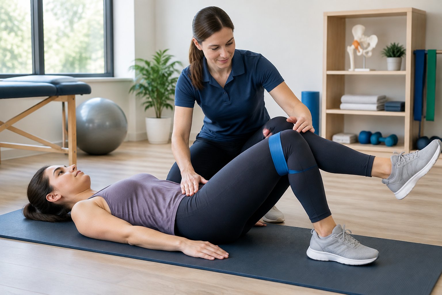 A physical therapist guides a person through a gentle hip-strengthening exercise in a bright clinic.