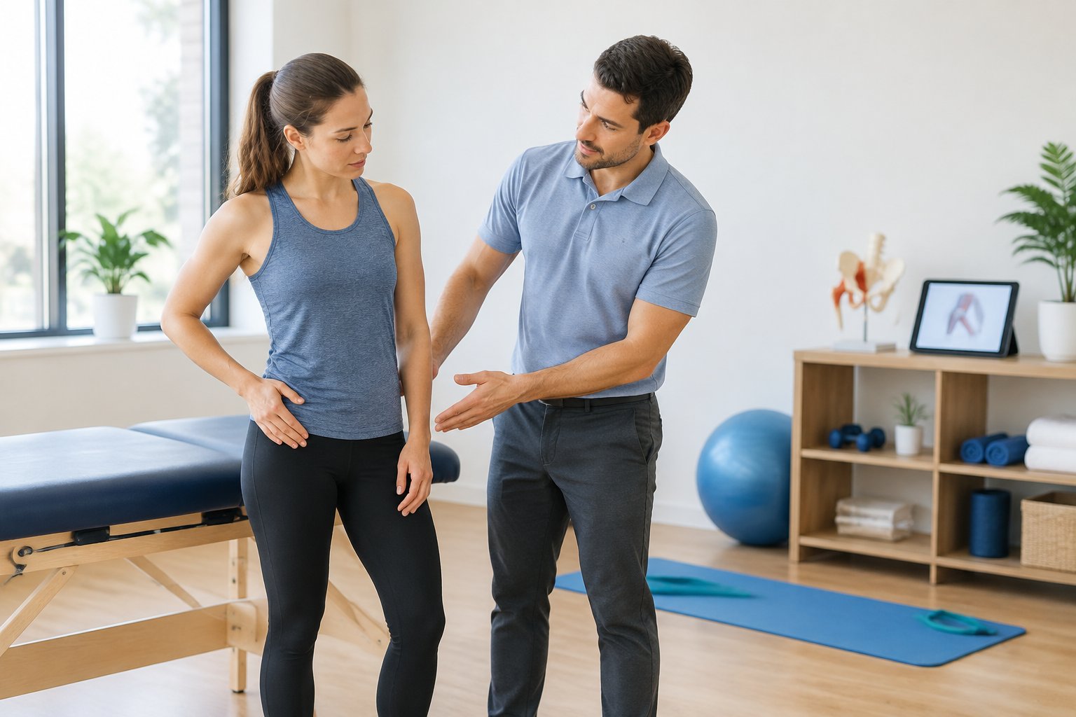 A patient discusses front-of-hip discomfort with a physical therapist during a gentle movement assessment.